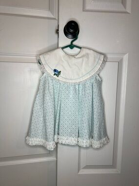 VTG Handmade Baby Toddler Dres Peter Pan Collar Ruffle Accent Blue White 12-18M?